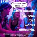 An AI-generated image featuring a group of youth socialising while warning of the dangers associated with vaping.